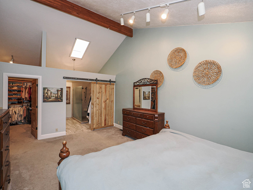 Bedroom with carpet floors, baseboards, lofted ceiling with skylight, a walk in closet, and a barn door