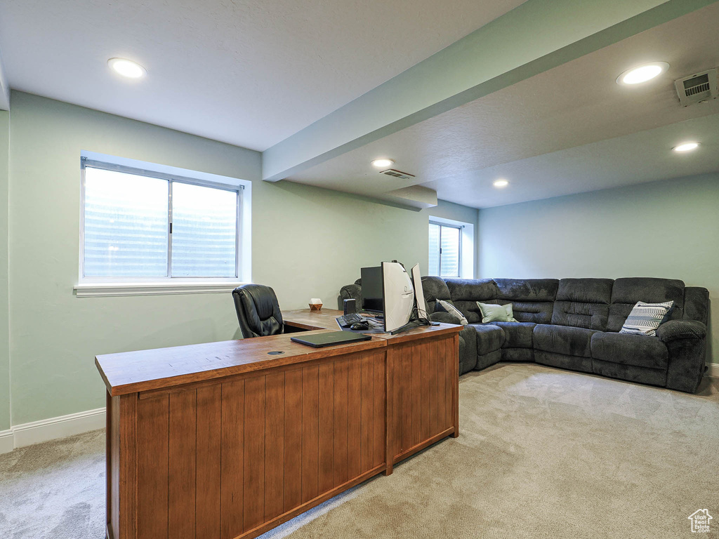 Office area with recessed lighting, baseboards, light colored carpet, and visible vents