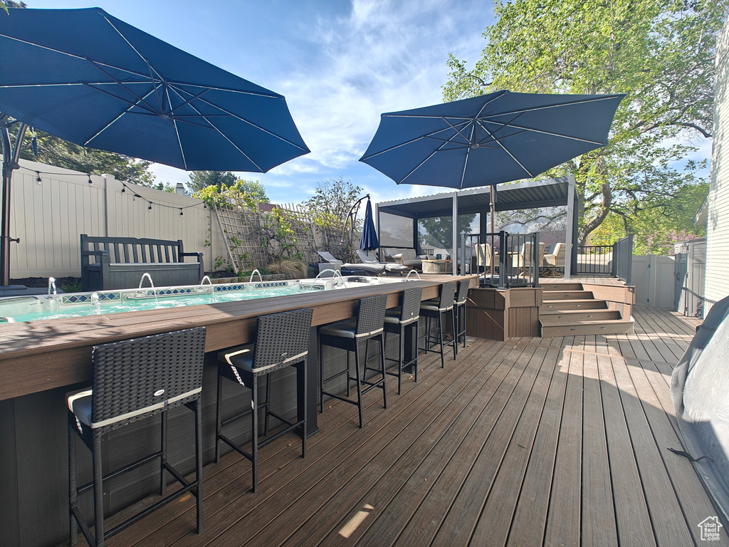 Wooden deck featuring fence and outdoor dry bar