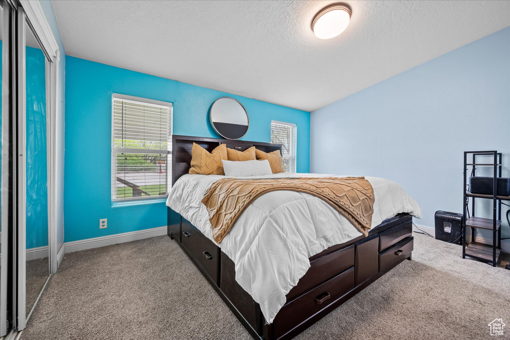 Bedroom featuring baseboards, carpet flooring, and a textured ceiling
