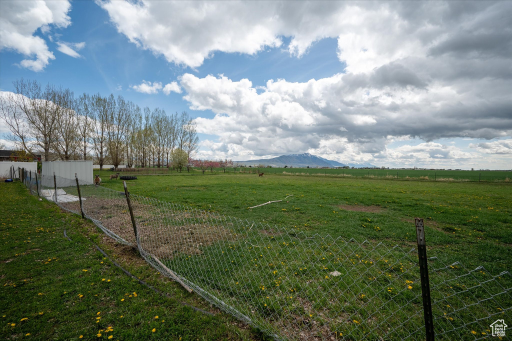 View of yard with a rural view, fence, and a mountain view