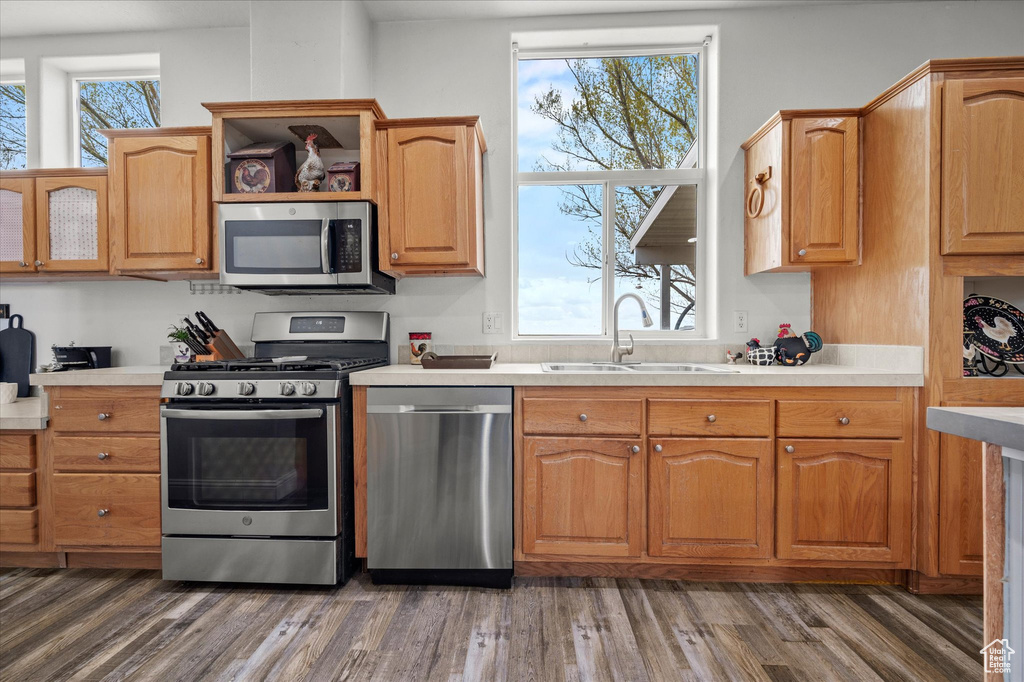 Kitchen with a sink, light countertops, dark wood finished floors, stainless steel appliances, and glass insert cabinets