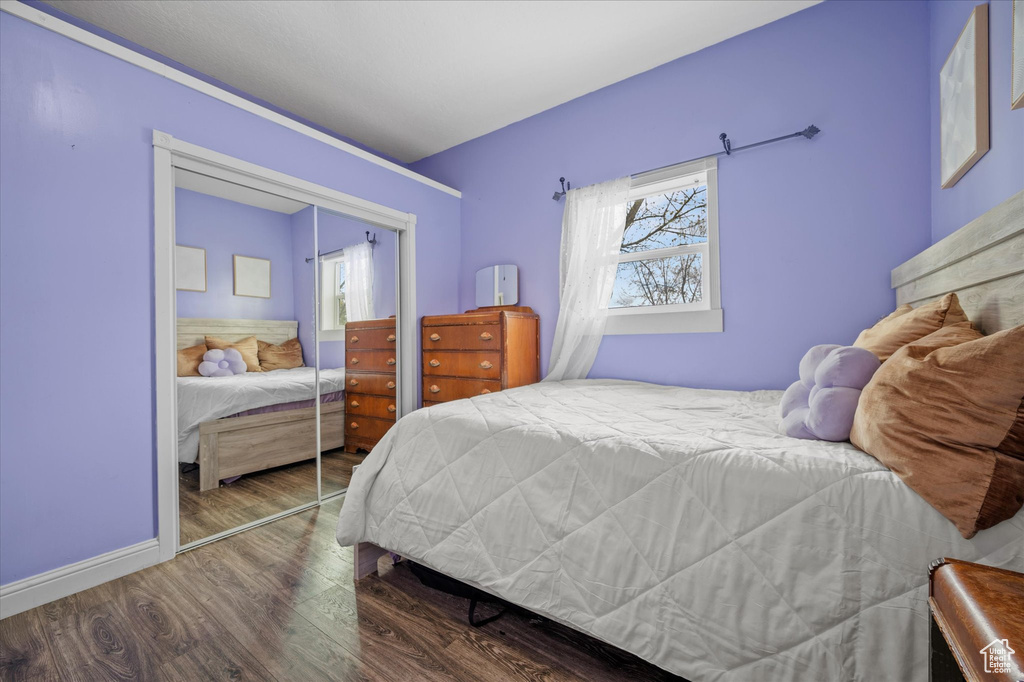 Bedroom with baseboards, multiple windows, a closet, and wood finished floors