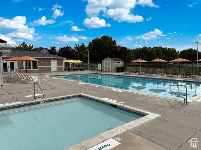 Community pool featuring a patio area and a storage shed