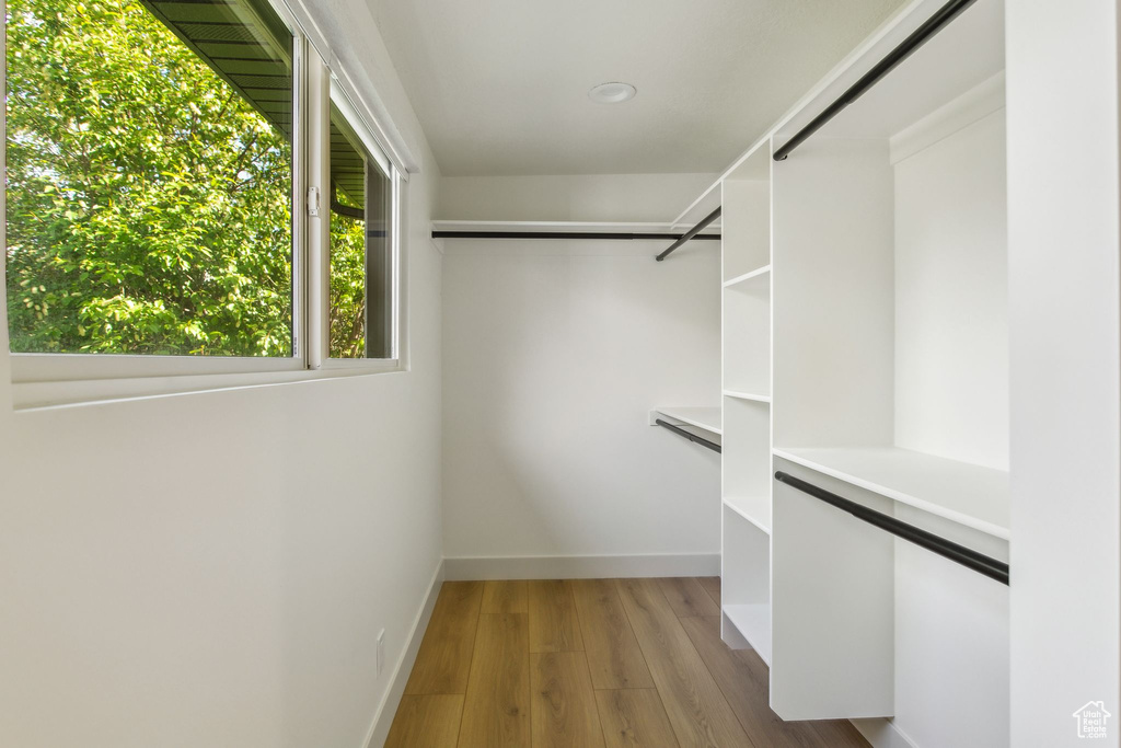 Walk in closet with wood finished floors