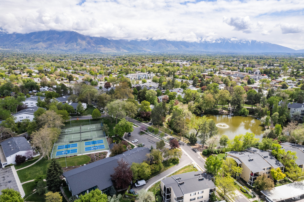Bird\'s eye view with a water and mountain view and a residential view