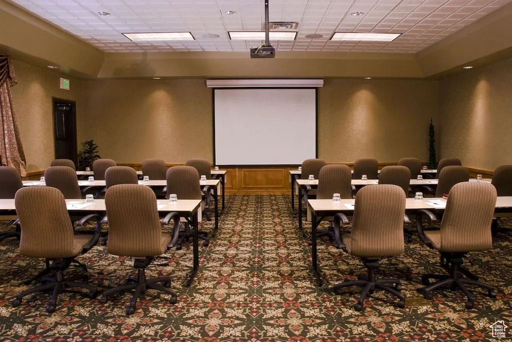 Home theater room with carpet