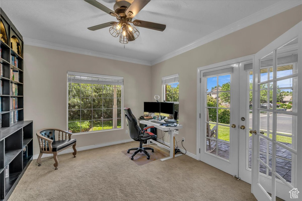 Office featuring crown molding, french doors, carpet, a ceiling fan, and baseboards
