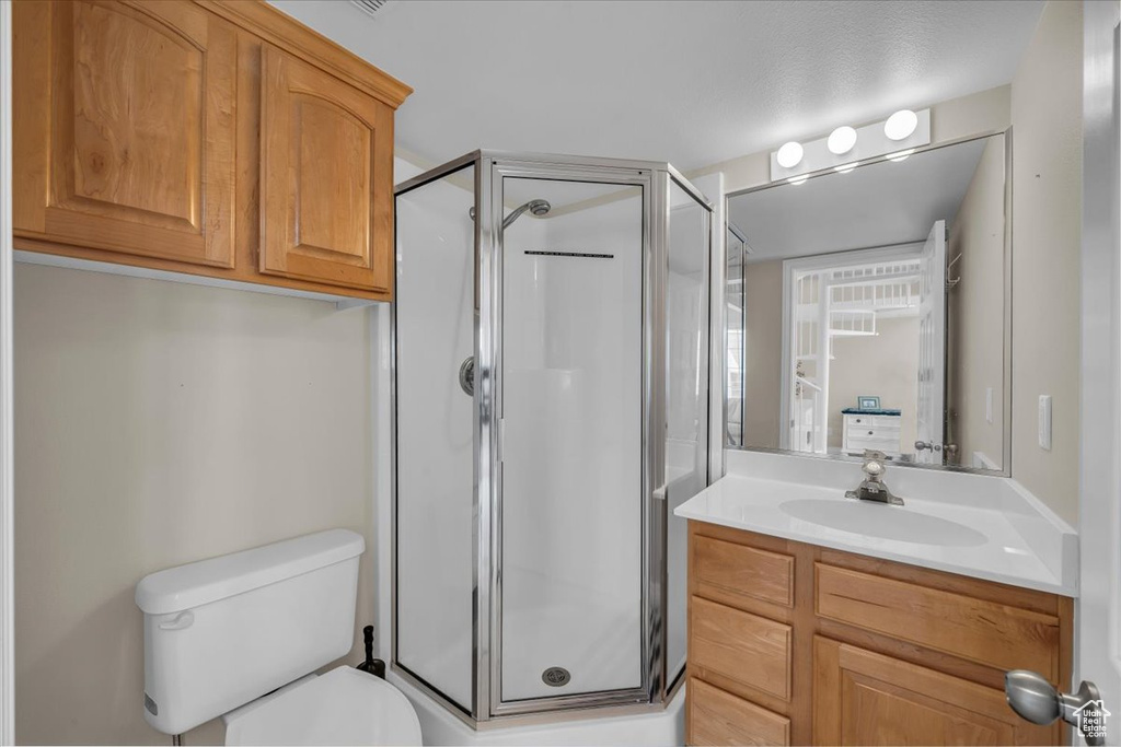 Bathroom featuring vanity, toilet, and a shower stall