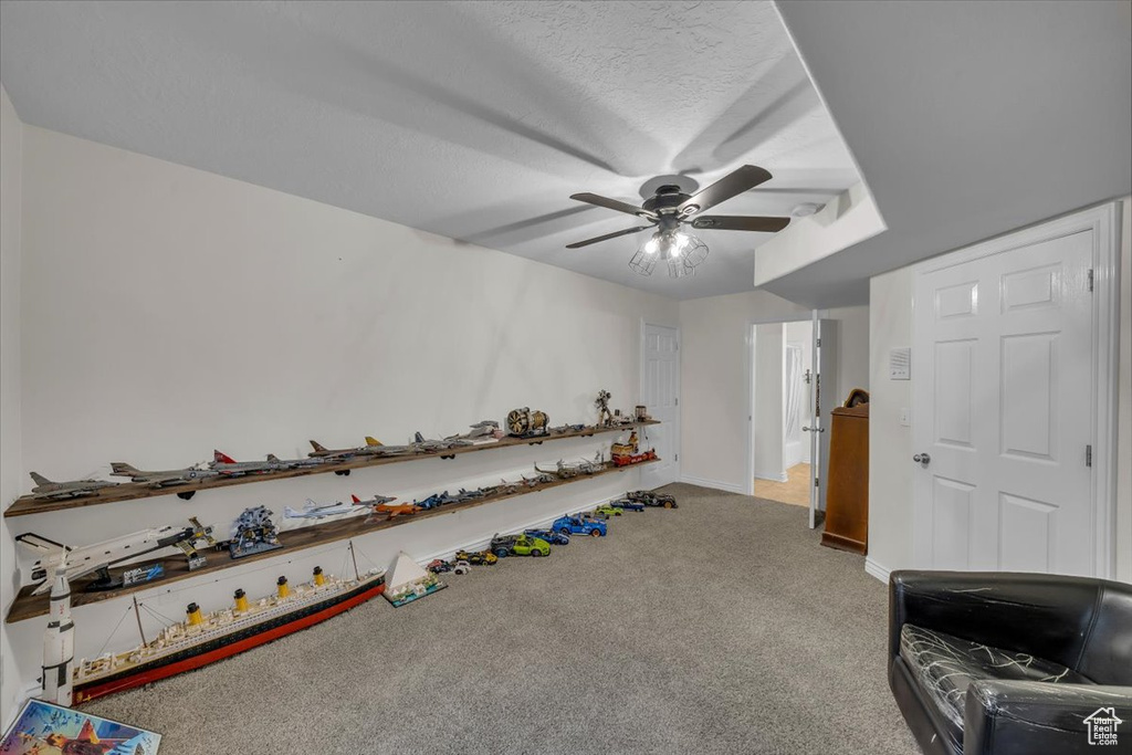 Workout room with carpet floors, baseboards, and a ceiling fan