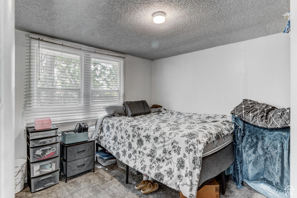 Carpeted bedroom featuring a textured ceiling
