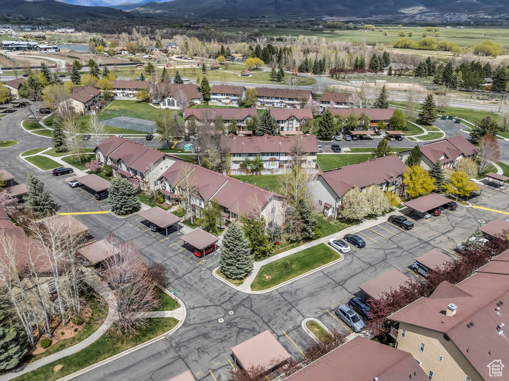 Drone / aerial view featuring a mountain view