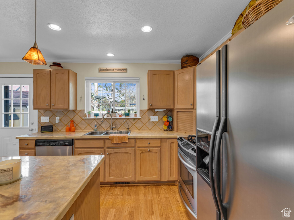 Kitchen featuring light countertops, a textured ceiling, a sink, light wood finished floors, and stainless steel appliances