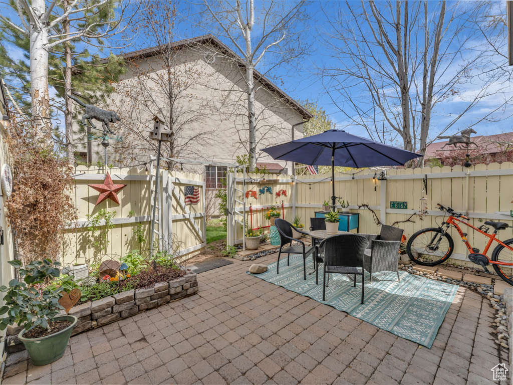View of patio featuring outdoor dining space and a fenced backyard
