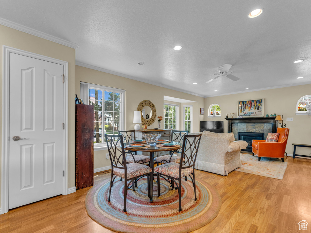 Dining room featuring recessed lighting, ceiling fan, and light wood-type flooring