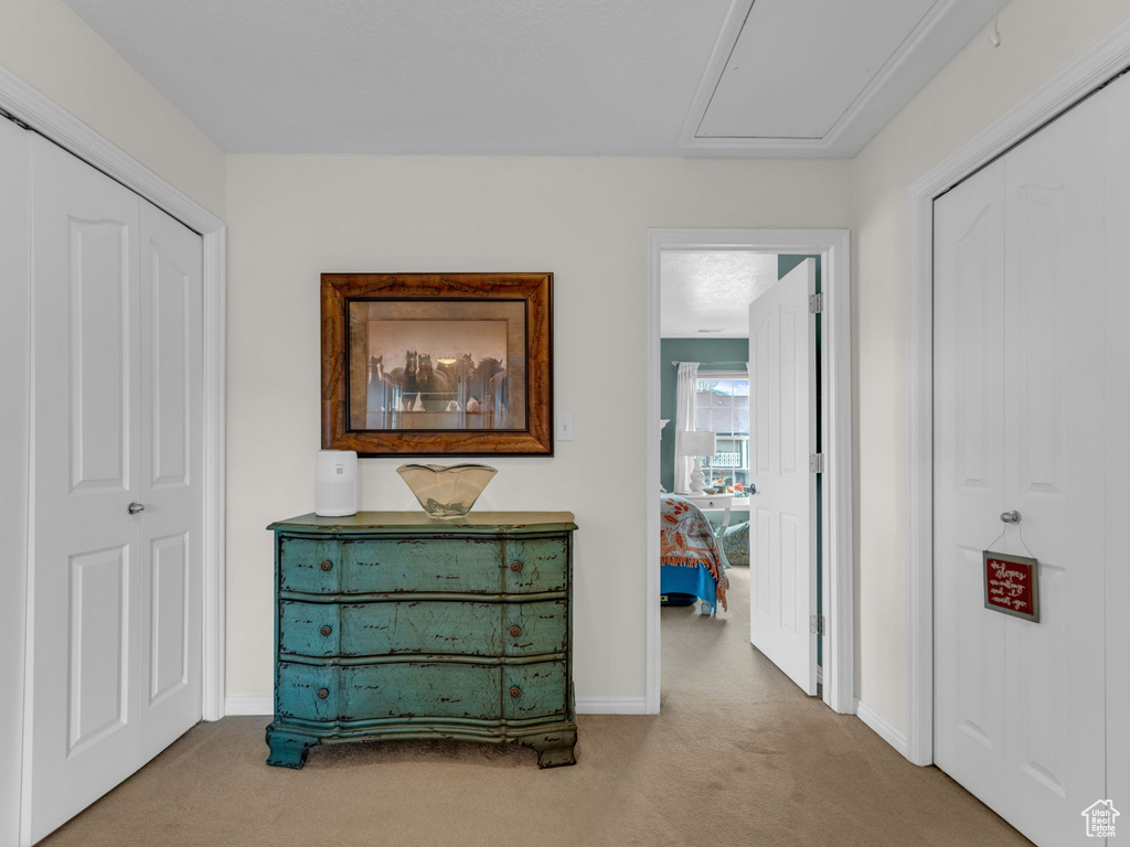 Hall featuring carpet flooring and baseboards