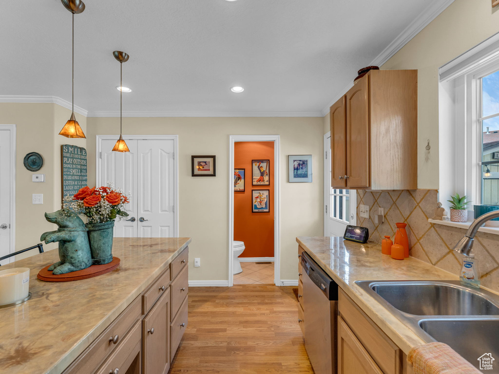 Kitchen featuring light countertops, decorative backsplash, a sink, and dishwasher
