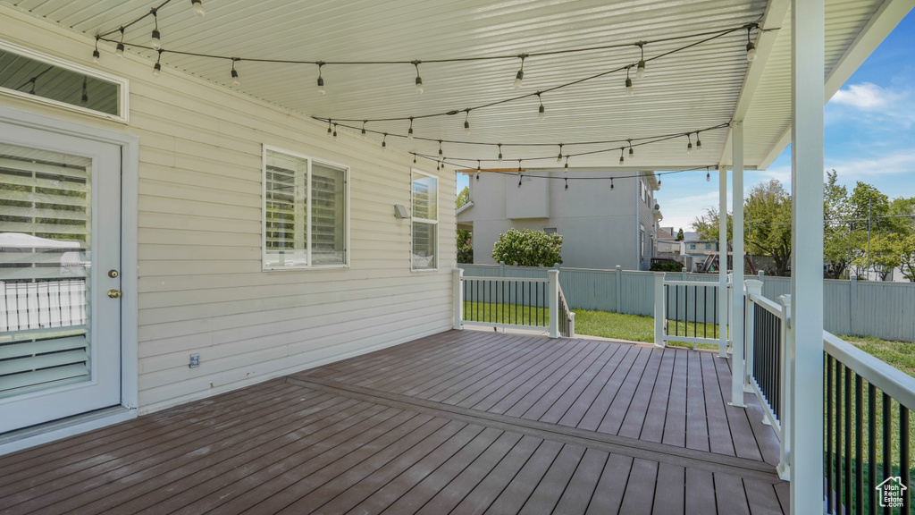 Wooden deck with a fenced backyard