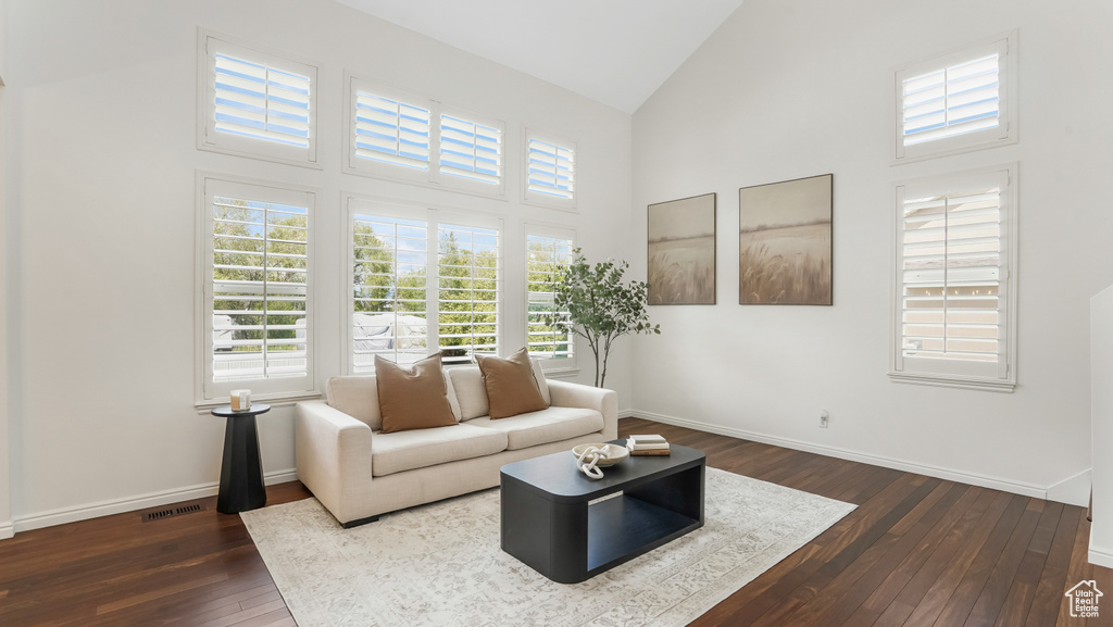 Living room featuring high vaulted ceiling, plenty of natural light, baseboards, and dark wood finished floors
