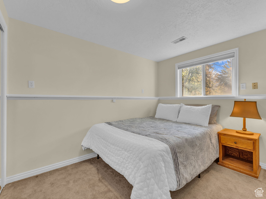 Carpeted bedroom featuring visible vents, a textured ceiling, and baseboards
