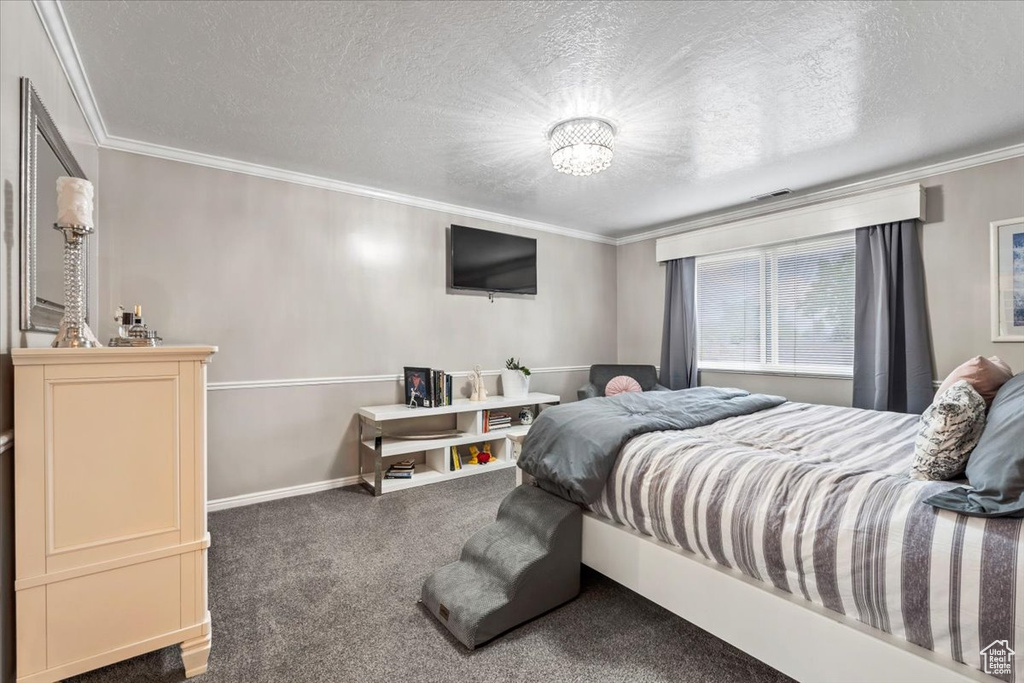 Carpeted bedroom featuring crown molding, a textured ceiling, and baseboards