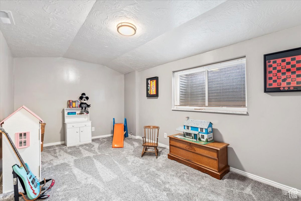 Playroom with a textured ceiling, baseboards, carpet, and lofted ceiling