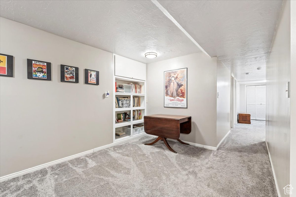 Hall featuring baseboards, carpet flooring, and a textured ceiling