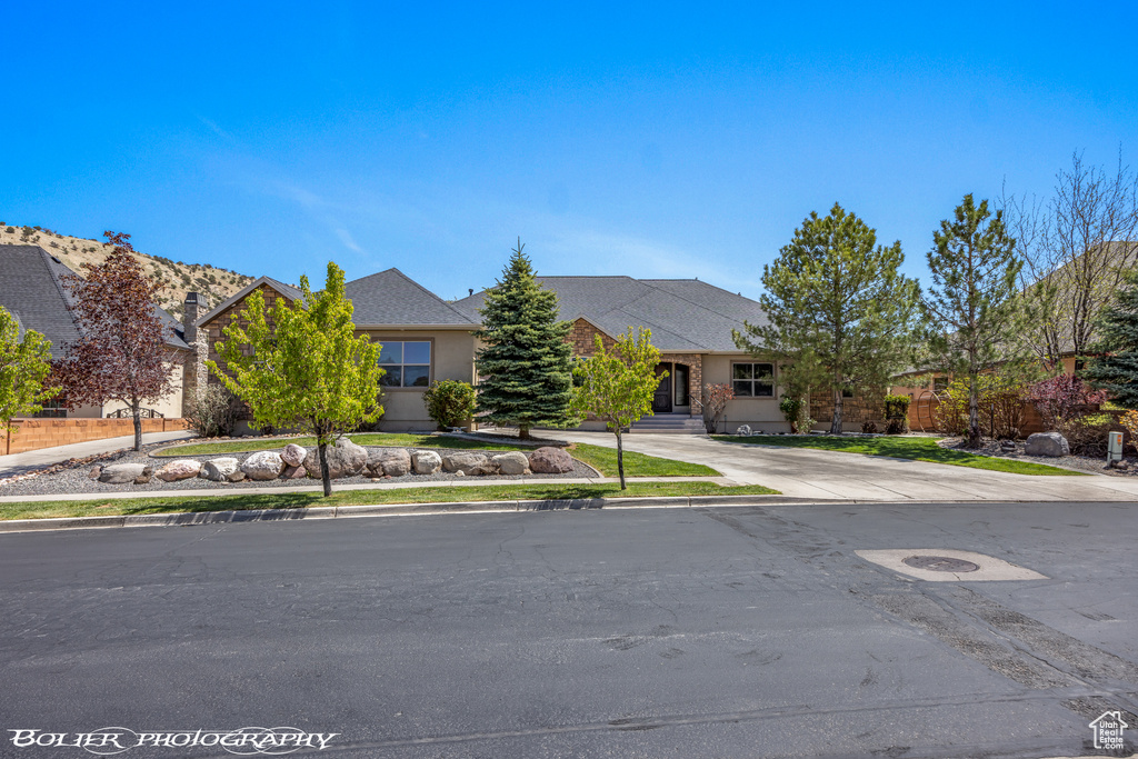 View of front of home featuring roof with shingles, stucco siding, and driveway