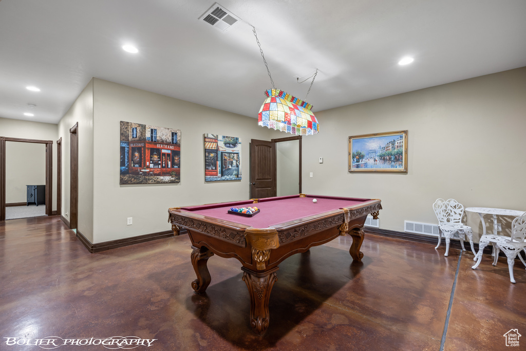 Game room with finished concrete floors, visible vents, pool table, baseboards, and recessed lighting