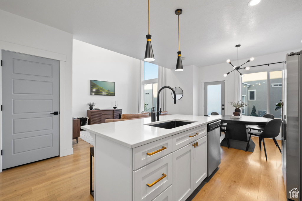 Kitchen with appliances with stainless steel finishes, hanging light fixtures, a sink, white cabinets, and light wood-style floors