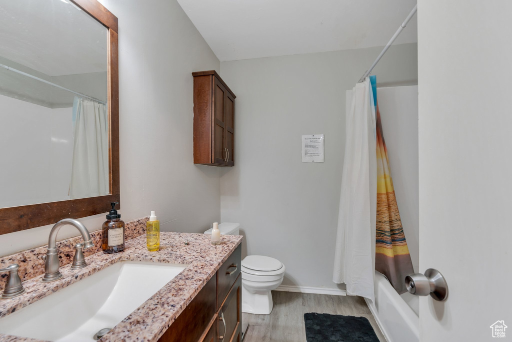 Bathroom featuring vanity, baseboards, wood finished floors, and toilet