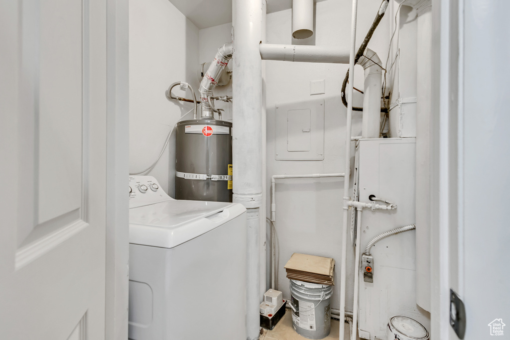 Laundry room with washer / dryer, laundry area, and strapped water heater