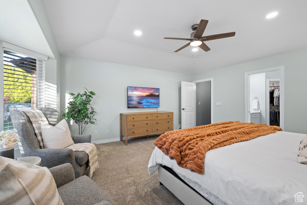 Bedroom with recessed lighting, a ceiling fan, baseboards, and light carpet
