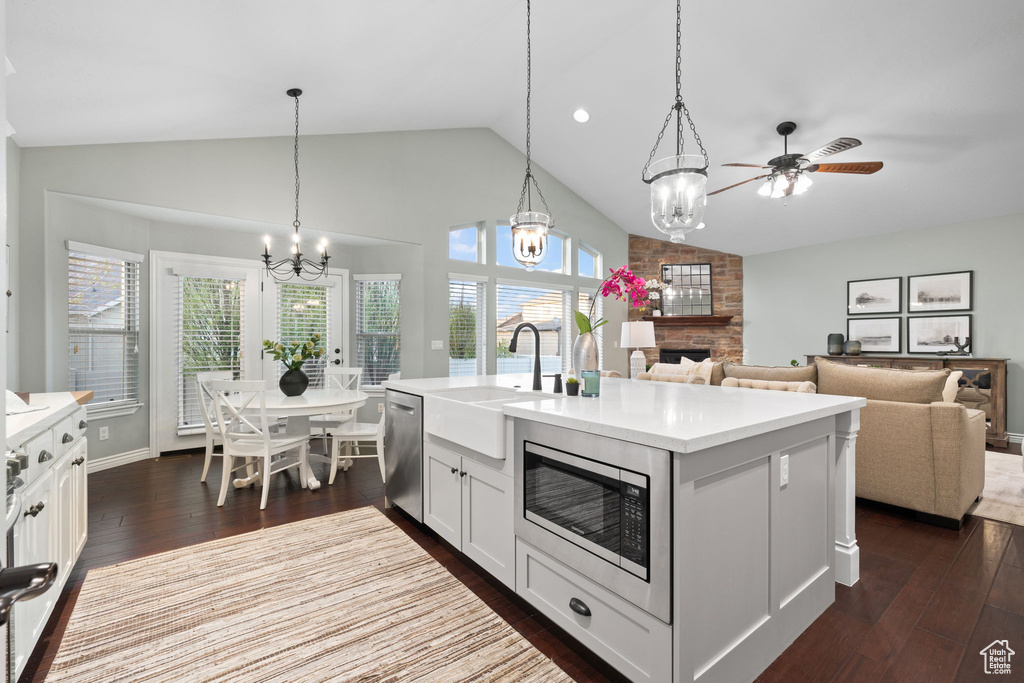 Kitchen with vaulted ceiling, a sink, dark wood-type flooring, and appliances with stainless steel finishes