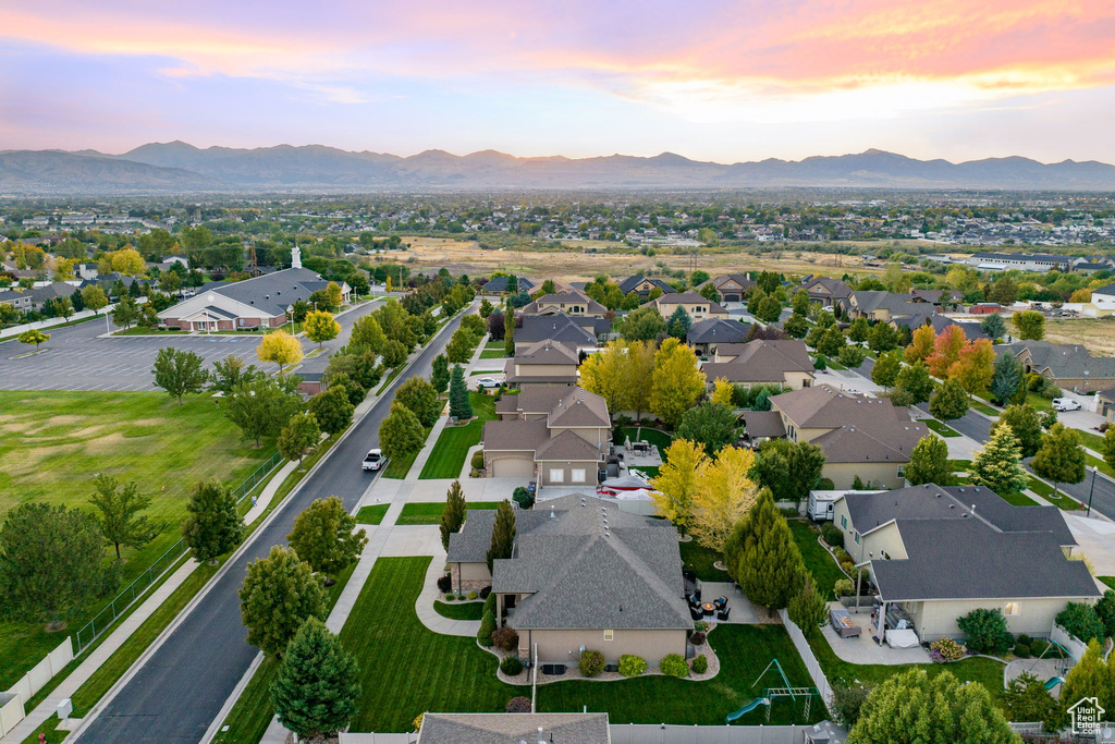 Drone / aerial view featuring a residential view and a mountain view