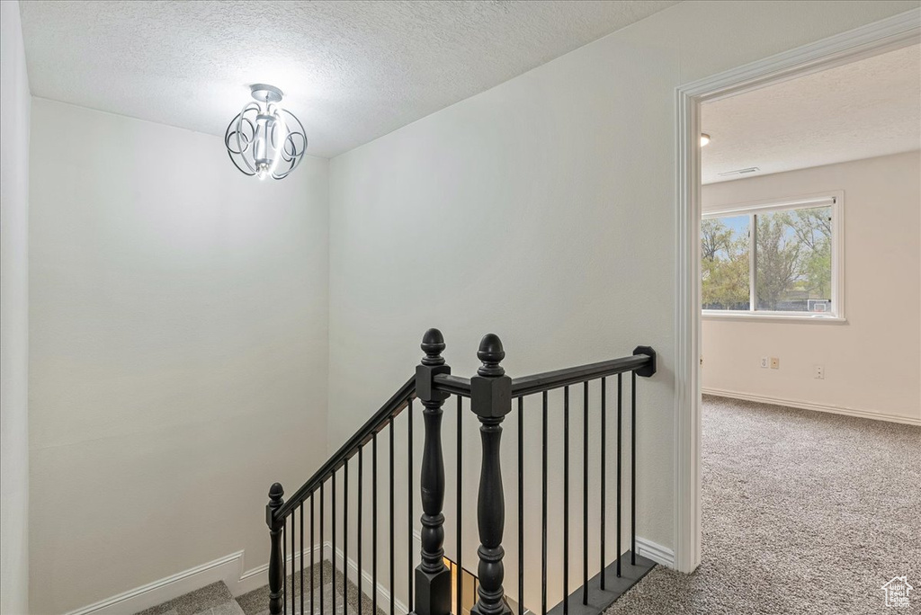 Stairway with carpet floors, a textured ceiling, and baseboards