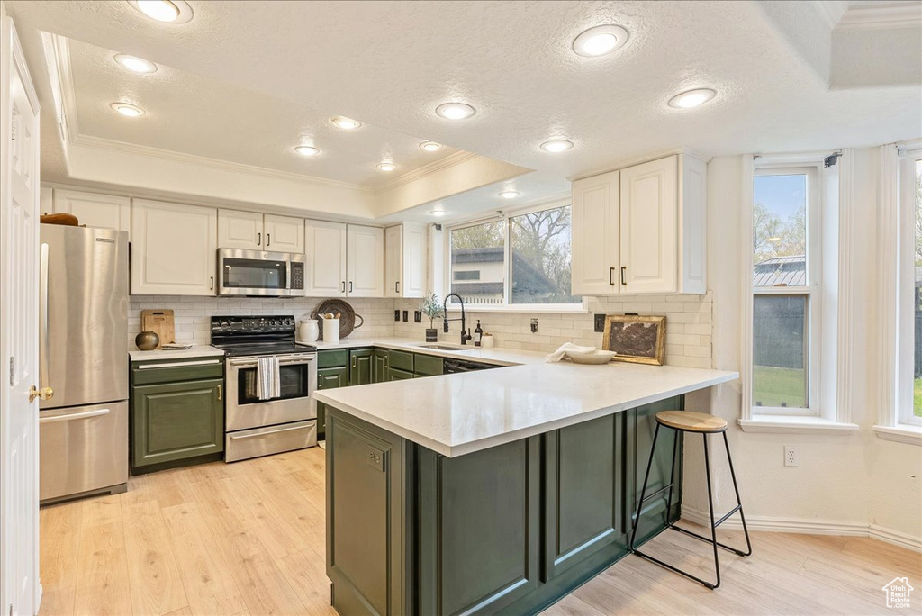 Kitchen with crown molding, green cabinetry, appliances with stainless steel finishes, a sink, and a tray ceiling