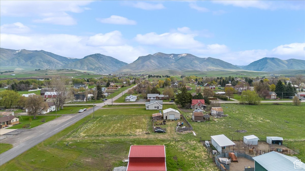 Aerial view featuring a mountain view and a residential view