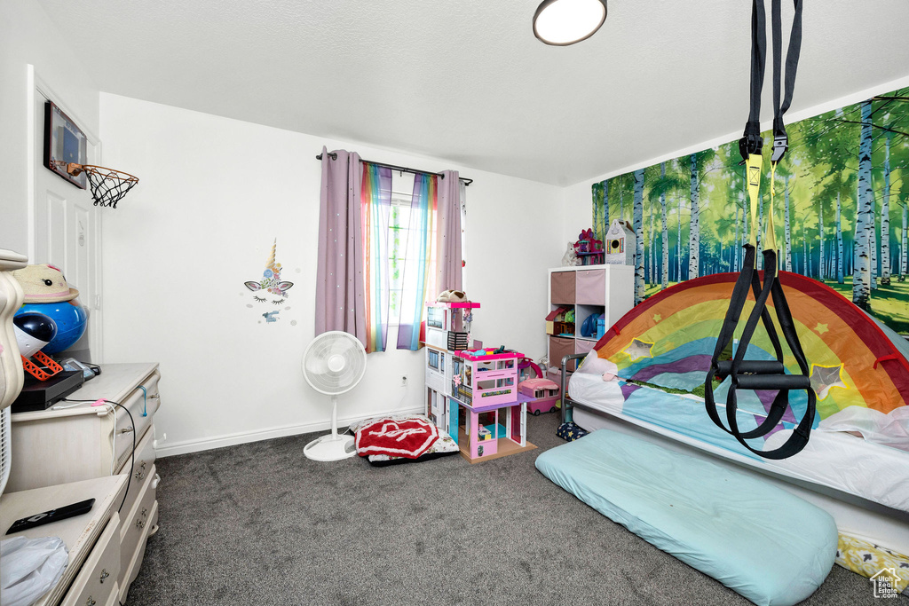 Rec room featuring carpet floors and baseboards