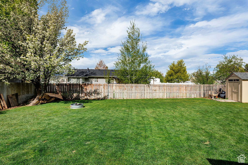 View of yard with a storage shed, an outbuilding, and a fenced backyard