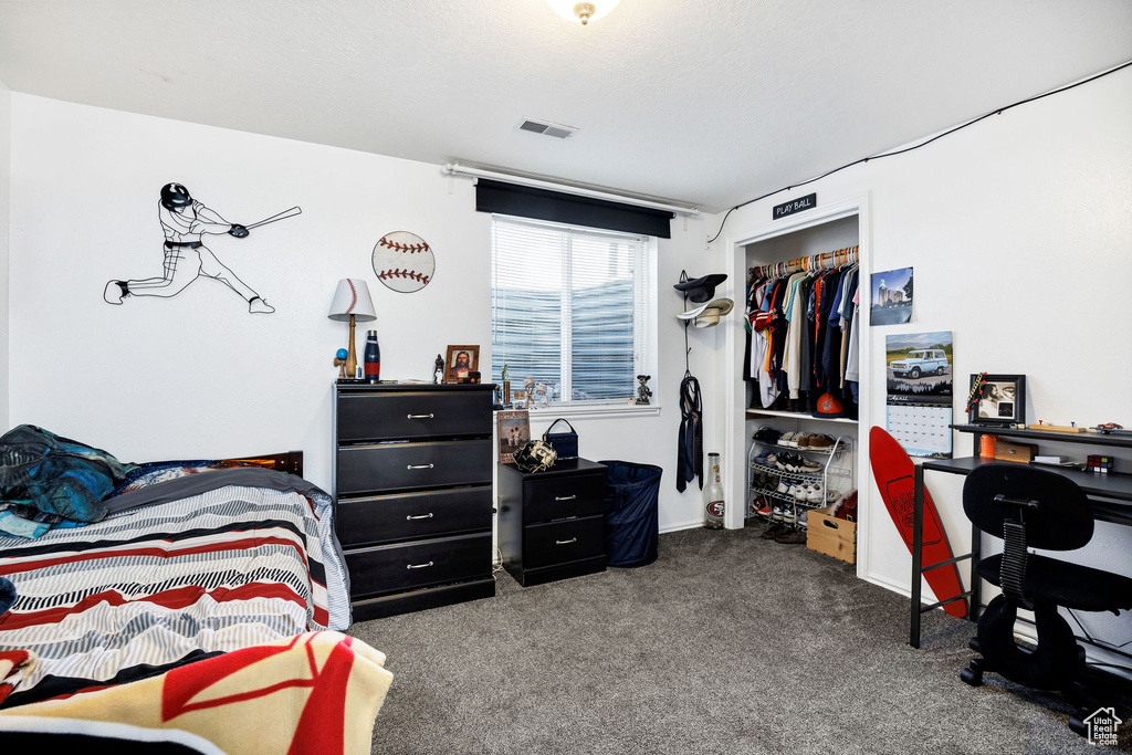 Carpeted bedroom with visible vents and a closet