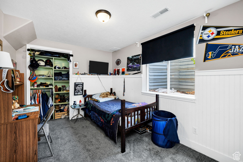 Carpeted bedroom with visible vents and a closet