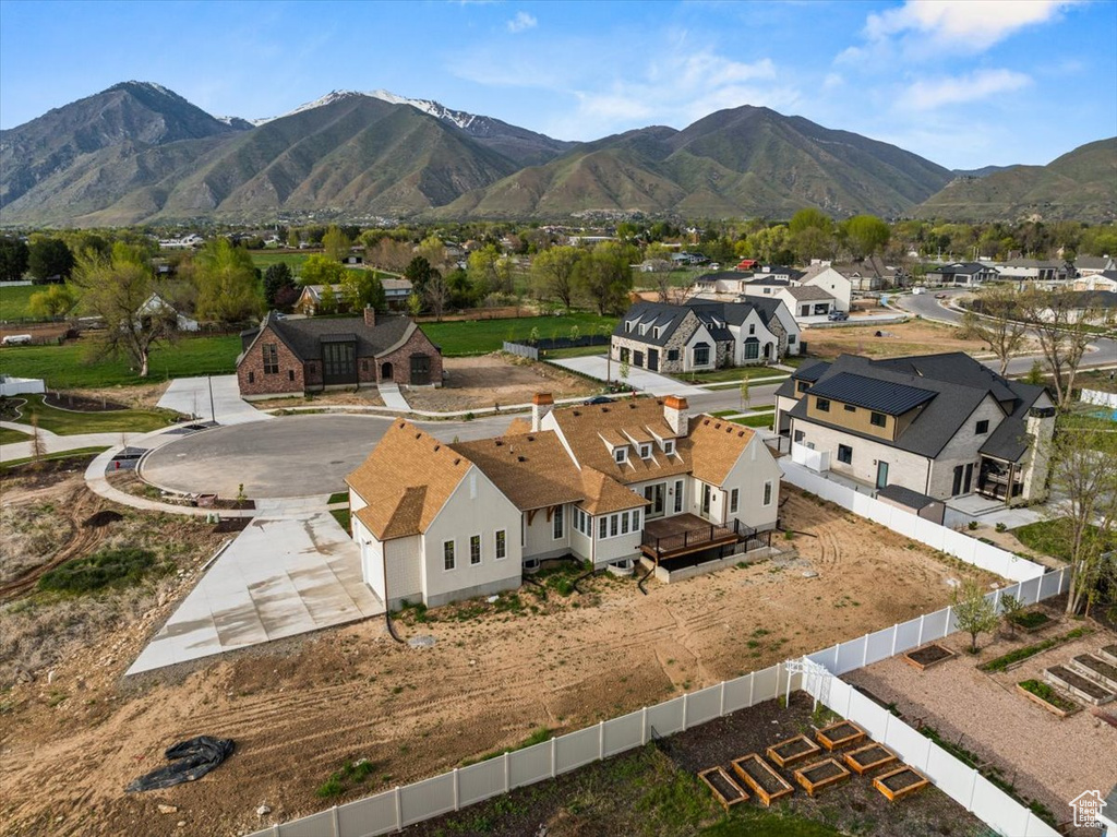 Birds eye view of property with a mountain view and a residential view
