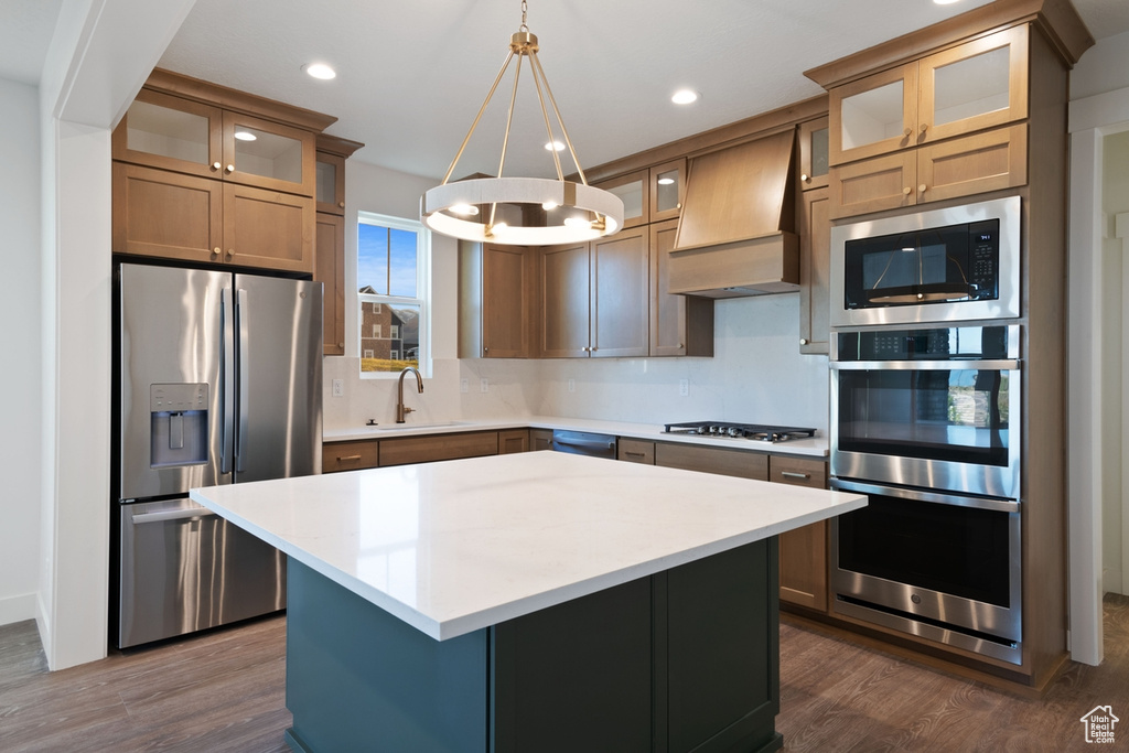 Kitchen featuring premium range hood, a center island, stainless steel appliances, and dark wood-type flooring