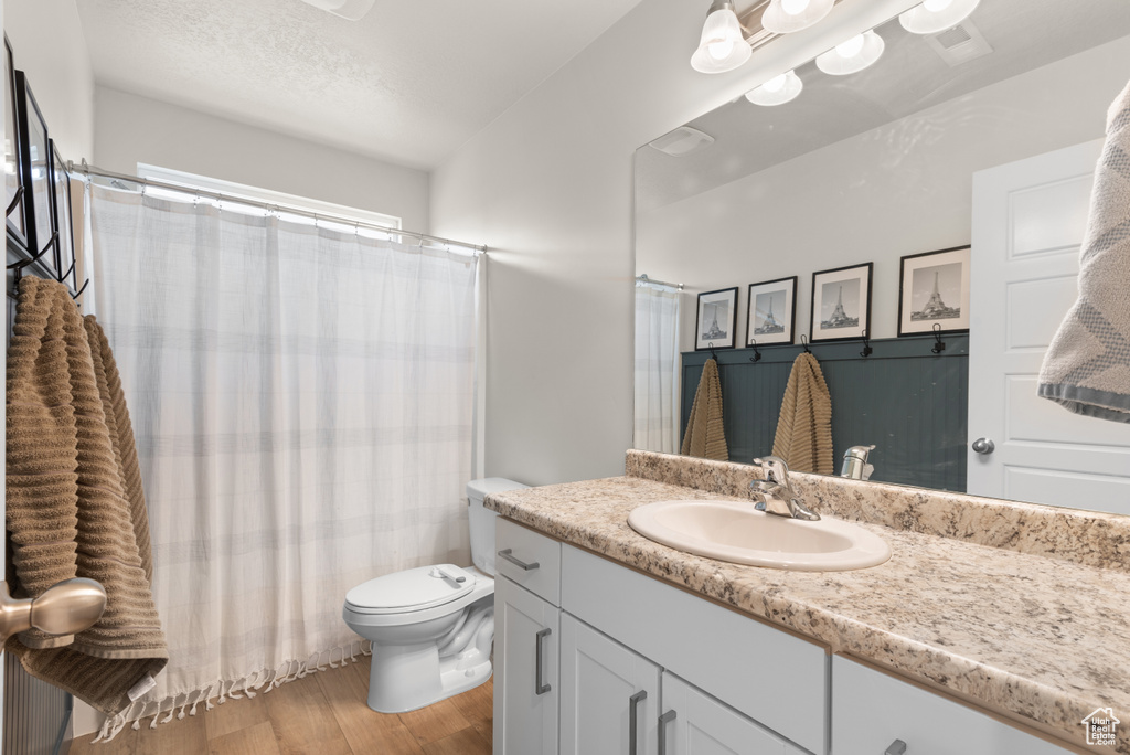 Full bathroom with vanity, curtained shower, toilet, and wood finished floors