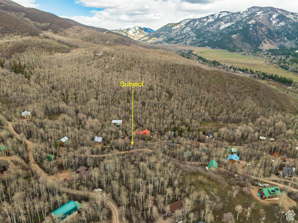 Birds eye view of property with a view of trees and a mountain view