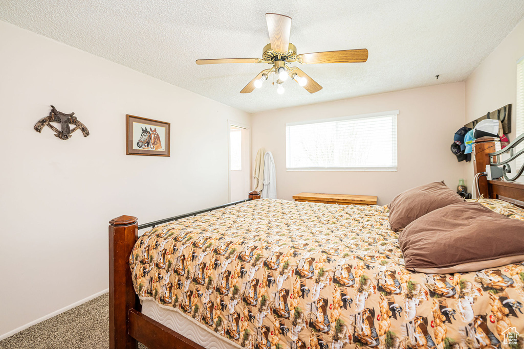 Carpeted bedroom featuring baseboards, a ceiling fan, and a textured ceiling