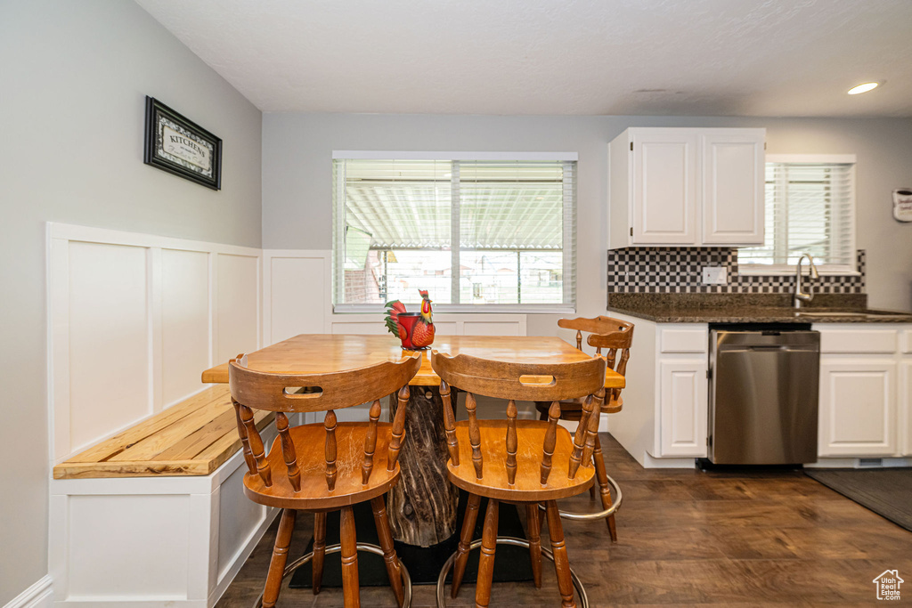 Kitchen with stainless steel dishwasher, a healthy amount of sunlight, a sink, and dark wood-type flooring