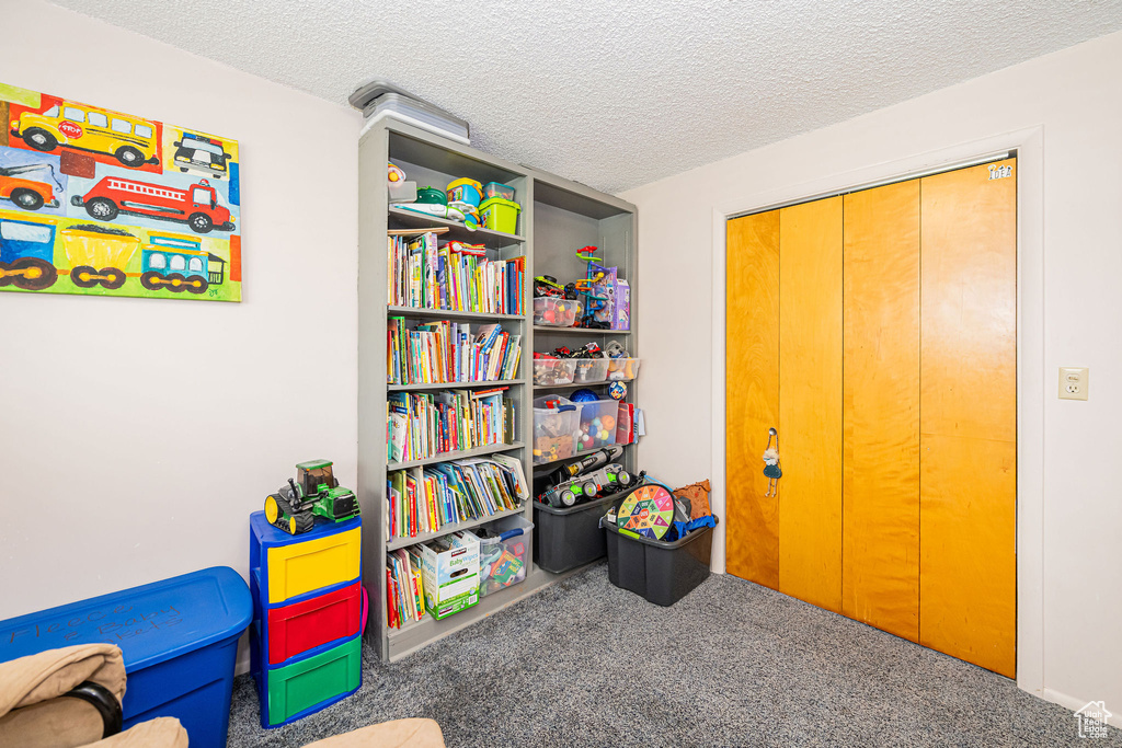 Rec room featuring carpet floors and a textured ceiling