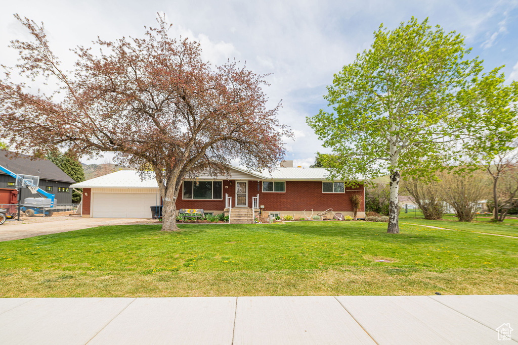 Ranch-style home with brick siding, driveway, and a front yard